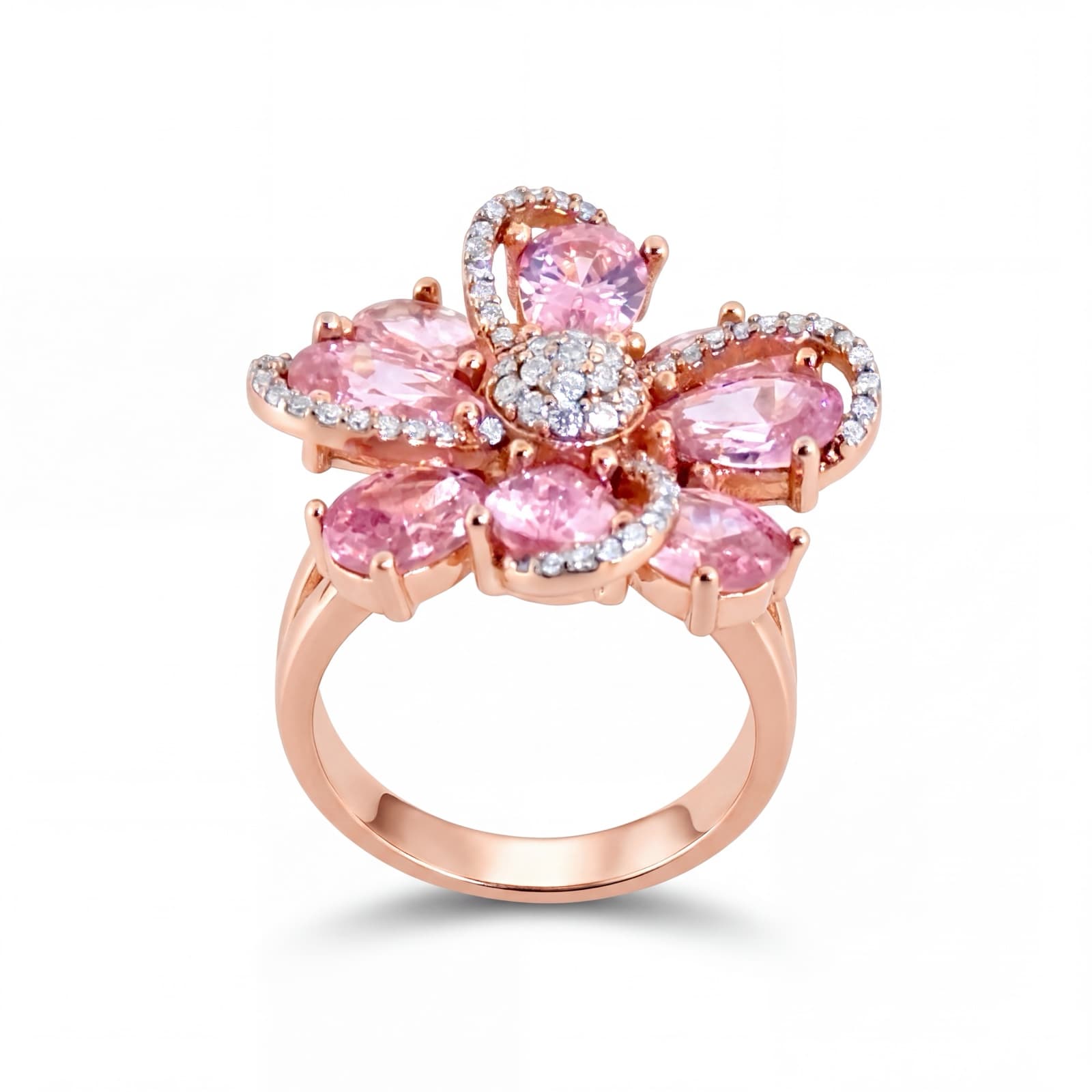 Rose gold pink flower ring after retouching — pure white background, crisp sparkle